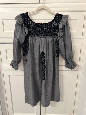 Mi Golondrina Gray Dress with Black Embroidered Floral Yoke